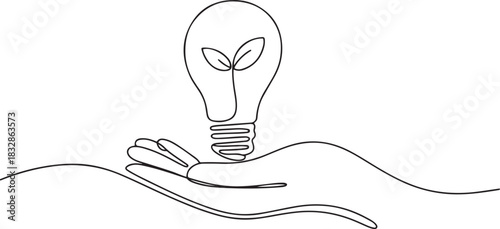 Single continuous line drawing hand holding bulb in the middle of which there is plant sprout. Symbol of a brilliant idea. Greening sustainability. Holding Bulb. one line Icon drawing