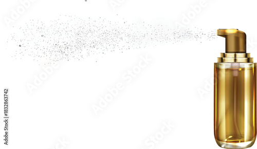 A luxurious golden cosmetic pump bottle spraying a fine mist of perfume on a white background.