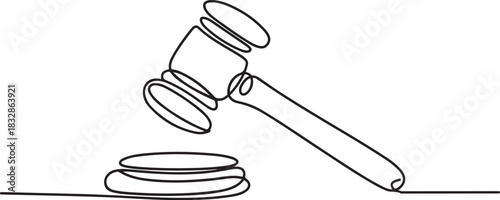 Judge hammer one continuous single line art drawing, One line drawing of judge hammer law symbol continuous hand drawn. one line Icon drawing