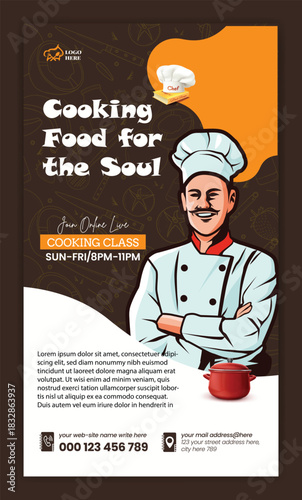 Smiling chef in uniform with cooking food for the soul text