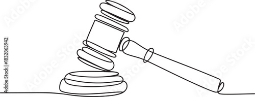 Judge hammer one continuous single line art drawing, One line drawing of judge hammer law symbol continuous hand drawn. one line Icon drawing
