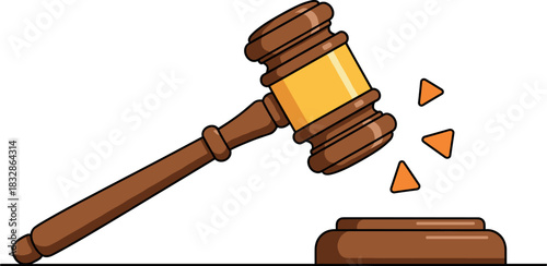Cartoon Gavel Hitting the Sound Block with an Impact Effect, Symbolizing a Judge's Final Verdict, Judicial Authority, and Courtroom Decision Vector Illustration.