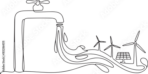 Faucet releasing water, symbolizing World Water Day in a continuous one line drawing. Renewable energy concept. one line Icon drawing