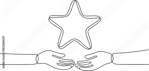 Star continuous line drawing. Rating symbol. Human arms palms. Feedback concept. Vector illustration isolated. one line Icon drawing
