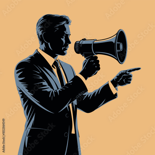 A man in a suit holds a megaphone and points forward, announcing something.