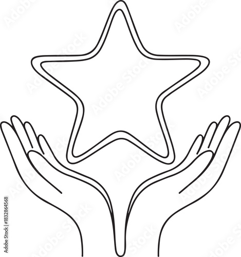 Star continuous line drawing. Rating symbol. Human arms palms. Feedback concept. Vector illustration isolated. one line Icon drawing