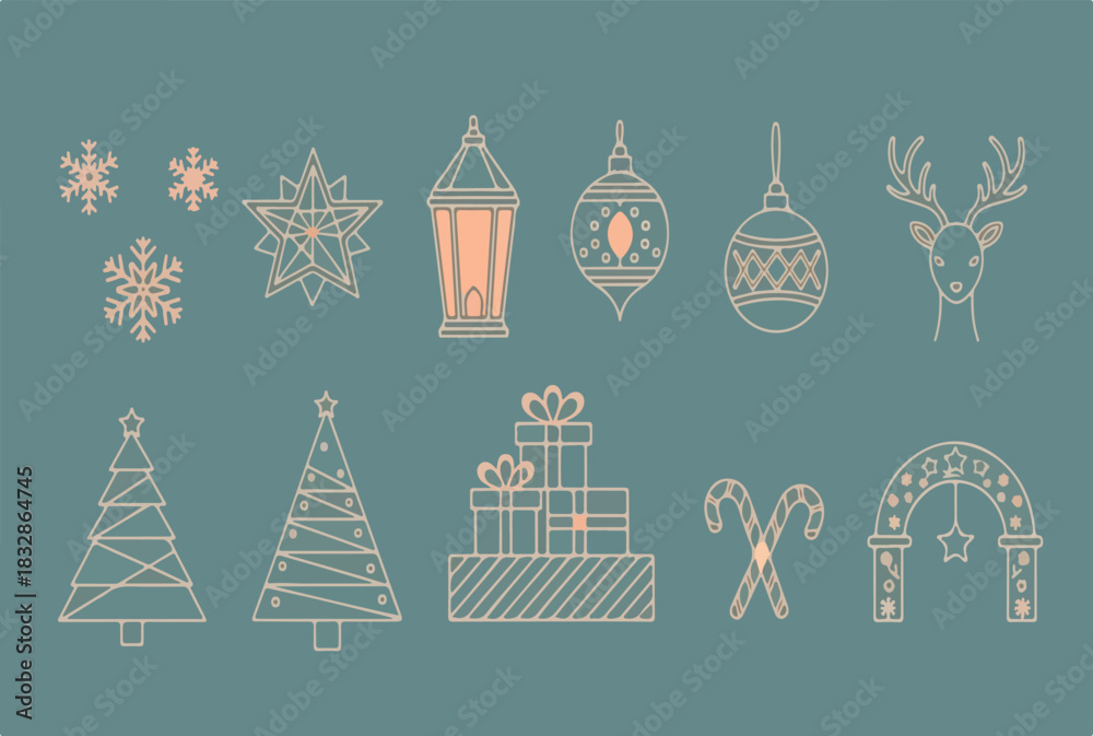 Naklejka premium Modern vector line art icons set for Christmas and winter holiday decoration designs and templates isolated PNG with Transparent Background