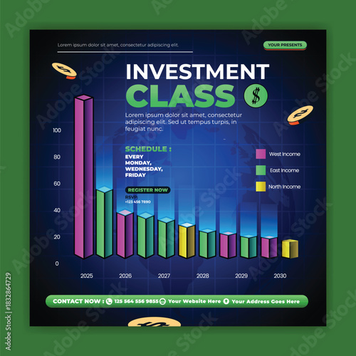 Digital investment class bar chart with financial growth and data visualization
