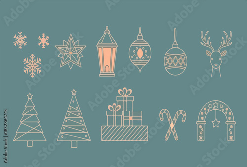 Modern vector line art icons set for Christmas and winter holiday decoration designs and templates isolated PNG with Transparent Background