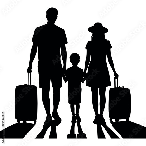 A silhouette of a family walking with luggage, ready for a journey.