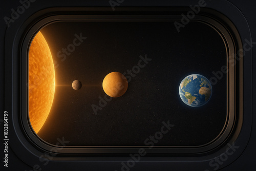 Vector Illustration of Sun, Mercury, Venus and Earth from Spacecraft View