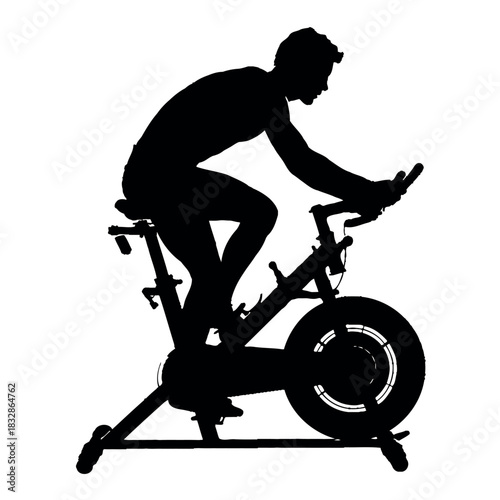A silhouette of a person riding a stationary exercise bicycle on a white background.
