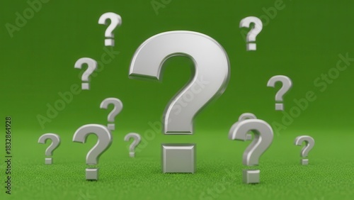 Seeking answers silver question marks on a vibrant green background