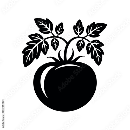 A stylized silhouette of a ripe tomato on the vine with lush green leaves.