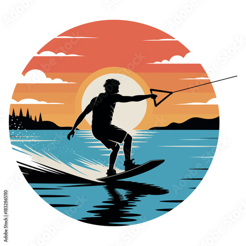 A silhouetted person water skis across a lake at sunset, leaving a spray of water.