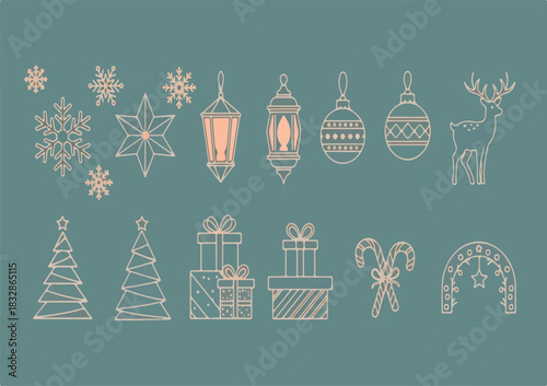 Minimal Christmas and Winter Holiday Line Art Vector Icons Set for Greeting Cards and Modern Design isolated PNG with Transparent Background