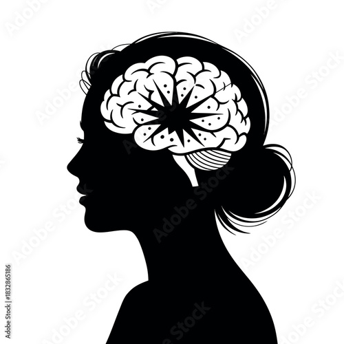 Silhouette of a woman's head with a stylized brain graphic inside, representing thought.