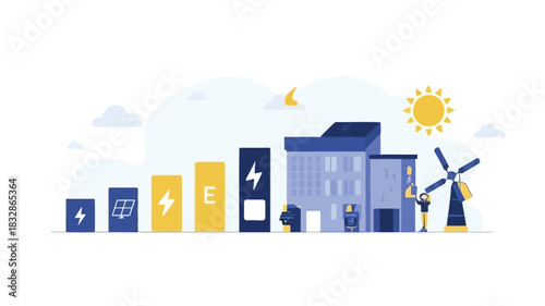 Vibrant illustration symbolizing sustainable development with renewable energy sources and environmental progress