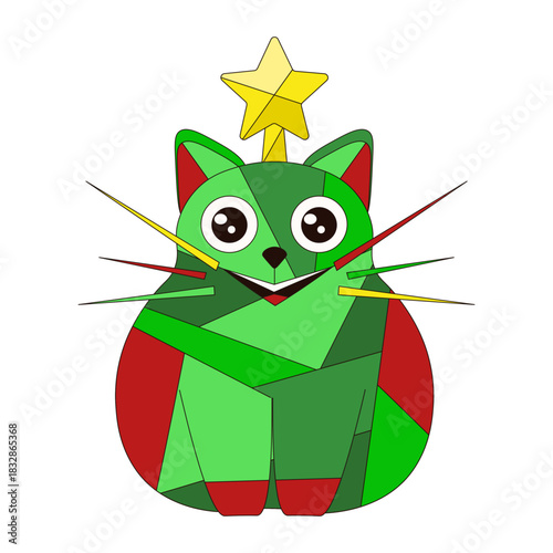Christmas art. Vector illustration abstract Christmas cat isolated transparent background. Modern Christmas t-shirt print kid room wall decor greeting card poster cover design. EPS 10 Editable stroke