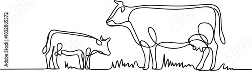 Cows on pasture in One continuous line drawing. Milk calf animal grazing symbol and beef meat farm concept in simple linear style. Editable stroke. one line Icon drawing