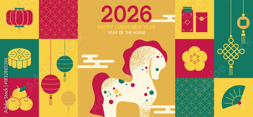 Happy Chinese New Year 2026 Mosaic Banner Design Template Set. Lunar Holiday Year of the Horse with Lanterns and Festive Icons. Celebration Vector Layout. Cartoon Horse on Minimal Chinese Background.