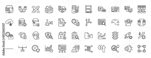 Data management line icon set. Vector pictograms of server, cloud, storage, latency, security, and cleaning, thin linear illustration.