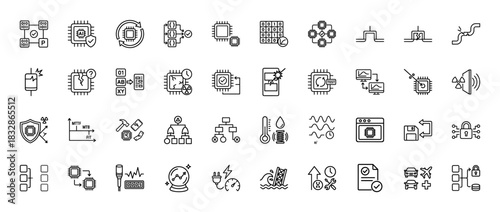 Electronics and semiconductor failure analysis line icon set. Vector pictograms of chip, test, process, and reliability, thin linear illustration.