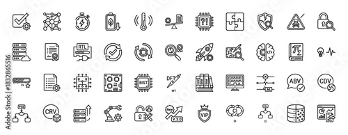 Semiconductor and electronic design automation (EDA) line icon set. Vector pictograms of verification, chip, data, security, and testing, thin linear illustration.