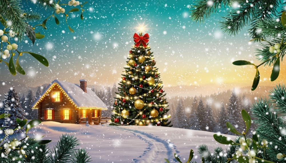 Obraz premium Joyful winter celebration with a festively decorated christmas tree in a snowy landscape near a cozy cabin at sunset invoking holiday spirit and warmth