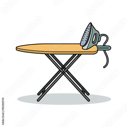 An illustration of an ironing board with an iron on its surface.