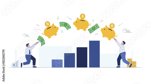Cute piggy bank illustration symbolizing financial goal achievement saving money and investment growth in a colorful design