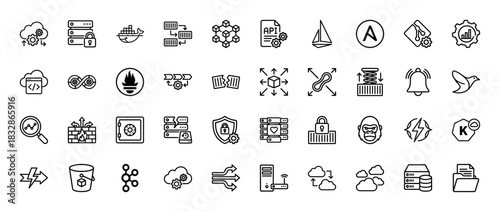 Cloud computing and devops line icon set. Vector pictograms of server, security, container, api, and analytics, thin linear illustration.