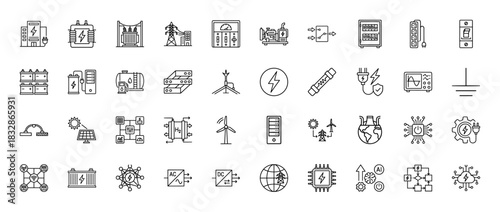 Electricity and power line icon set. Vector pictograms of transformer, battery, solar panel, wind turbine, and energy distribution, thin linear illustration.