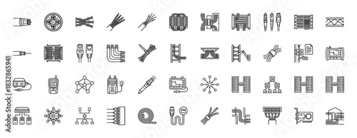 Network and fiber optic connectivity line icon set. Vector pictograms of cable, connector, patch panel, and testing tools, thin linear illustration.