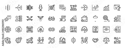 Artificial intelligence and machine learning line icon set. Vector pictograms of neural networks, robots, drones, and data analysis, thin linear illustration.