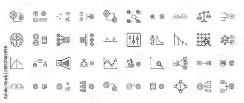 Artificial intelligence and machine learning line icon set. Vector pictograms of neural networks, data flow, algorithms, and training processes, thin linear illustration.