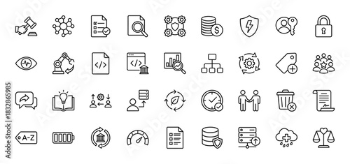 Business and technology line icon set. vector pictograms of security, data, finance, and legal concepts, thin linear illustration.