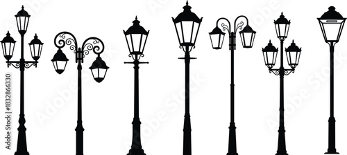 Vintage street lamp silhouettes collection, classic ornamental lamp posts, urban lighting design elements, elegant black vector illustrations for cityscape decoration