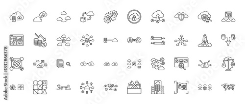Technology line icon set. Vector pictograms of cloud storage, server security, data transfer, and business analytics, thin linear illustration.