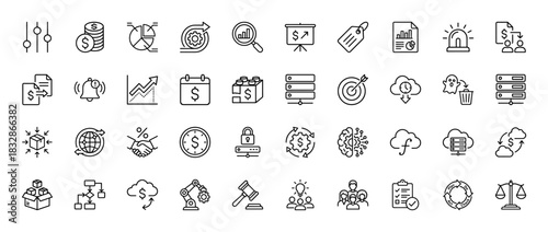 Business and finance line icon set. Vector pictograms of settings, currency, data analysis, cloud computing, and automation, thin linear illustration.