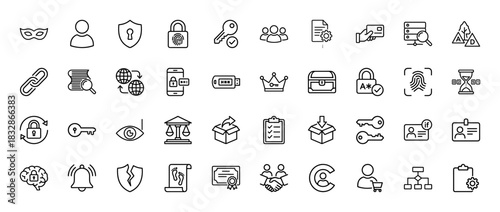 Security and privacy line icon set. Vector pictograms of shield, lock, key, keyhole, fingerprint, and confidential data, thin linear illustration.