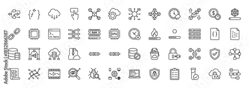 Cloud computing, development, and data line icon set. Vector pictograms of server, cpu, ram, deploy, security, and networking, thin linear illustration.