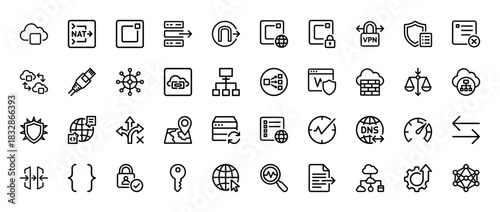 Technology and networking line icon set. Vector pictograms of server, cloud computing, vpn, firewall, and security, thin linear illustration.