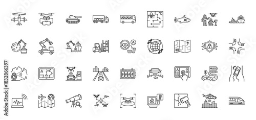 Autonomous systems line icon set. Vector pictograms of drone, tank, truck, robot, ship, and self-driving car, thin linear illustration.