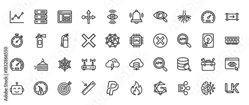 Information technology and network security line icon set. Vector pictograms of server, CPU, dashboard, database, and connection, thin linear illustration.