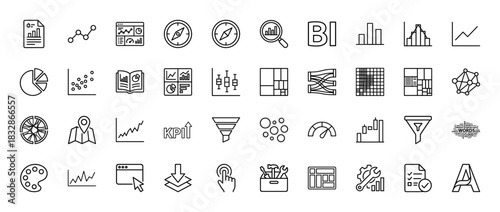 Business and data analysis line icon set. Vector pictograms of charts, graphs, bi, kpi, and tools, thin linear illustration.