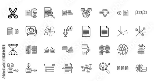 Natural language processing line icon set. Vector pictograms of machine learning, neural networks, translation, and data analysis, thin linear illustration.