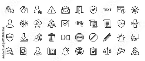 Data privacy and security line icon set. Vector pictograms of gdpr, hipaa, ccpa, dpo, encryption, and alert, thin linear illustration.