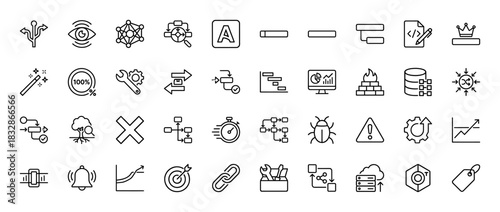 Technology and development line icon set. Vector pictograms of decision trees, charts, analytics, and software processes, thin linear illustration.