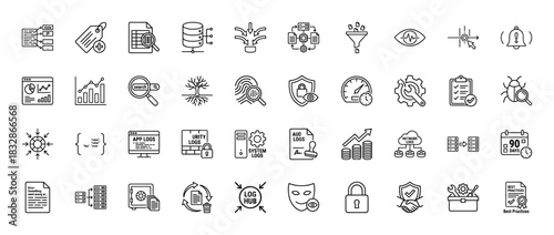 Cybersecurity and data protection line icon set. Vector pictograms of logs, database, fingerprint, lock, and security, thin linear illustration.